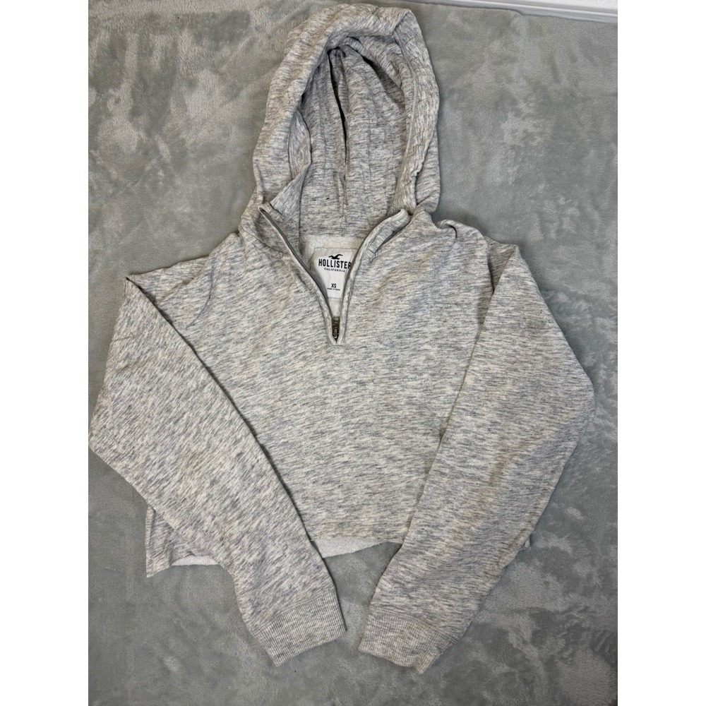 HOLLISTER Hoodie Womens XS Gray Cropped Quarter Zip Marled Fleece Pullover Y2K